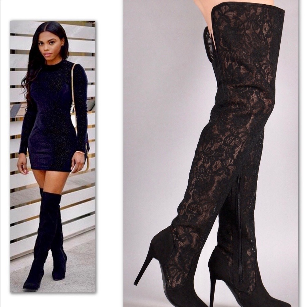 BLACK LACE SUEDE OVER THE KNEE BOOT